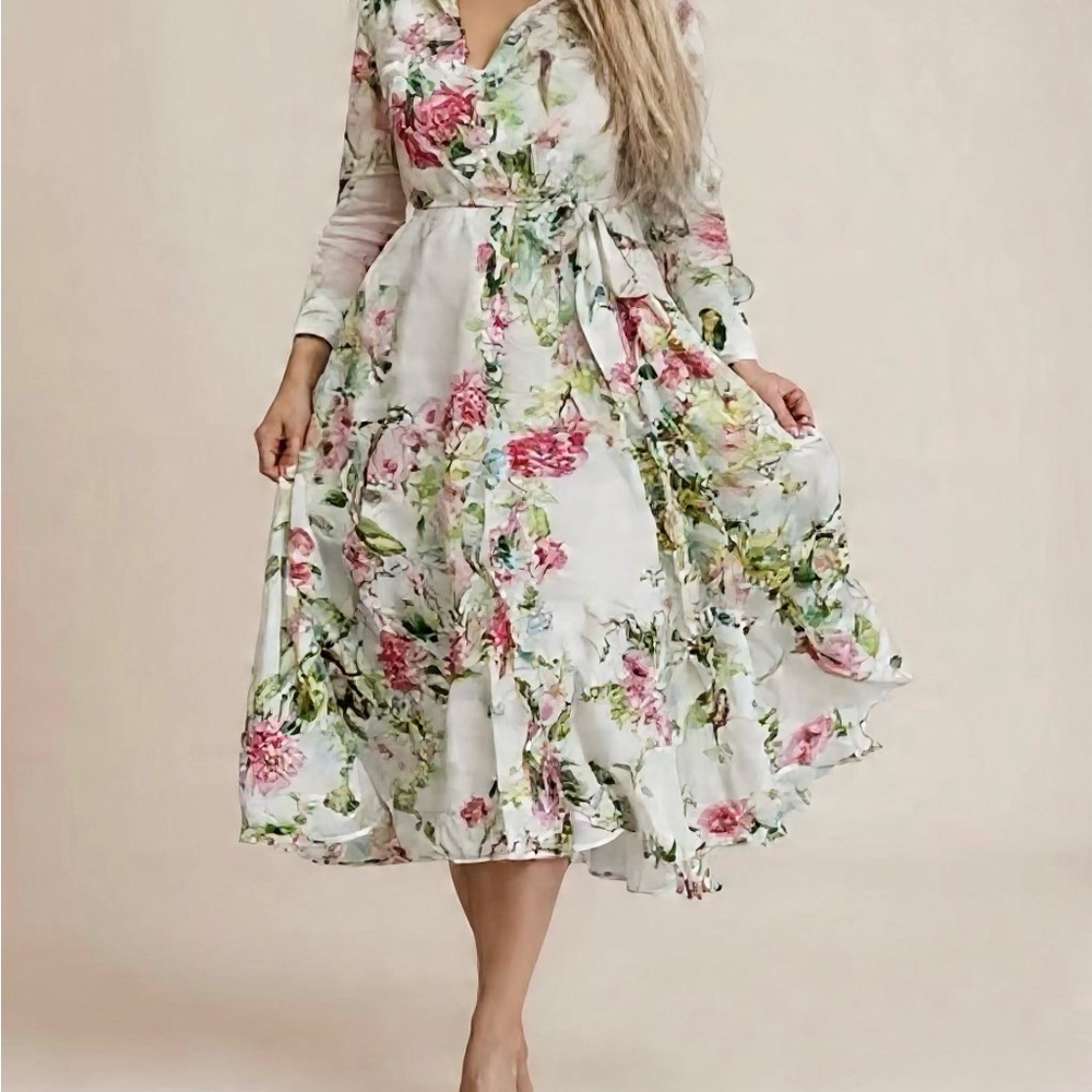 White Floral Wrap Midi Dress with Pink & Green Blooms